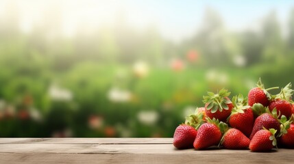 pile of strawberries on a wooden table mockup with space for type writing