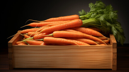 Wall Mural - a wooden box full of fresh raw carrots. healthy food photography. close-up. product photo for restaurant. generative ai