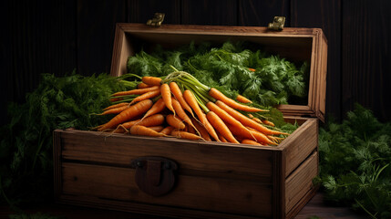 Wall Mural - a wooden box full of fresh raw carrots. healthy food photography. close-up. product photo for restaurant. generative ai