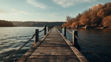 Fototapeta  - Old vintage wooden bridge on the lake, in spring, tropical, quiet river. Generative AI.