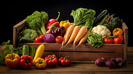 Wall Mural - a wooden box full of fresh raw typical german vegetables. healthy food photography. close-up. product photo for restaurant. generative ai