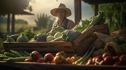 Wall Mural - a wooden box full of fresh raw vegetables on a table. healthy food photography. close-up. product photo for restaurant. generative ai