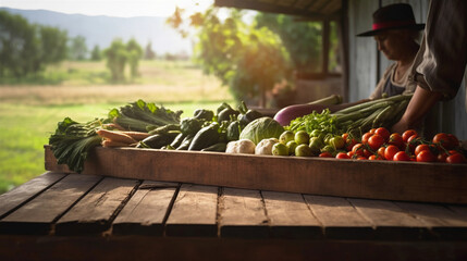 Wall Mural - a wooden box full of fresh raw vegetables on a table. healthy food photography. close-up. product photo for restaurant. generative ai