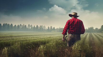 Wall Mural - Farmer with a red and black checkered shirt. healthy food photography. close-up. product photo for restaurant. generative ai