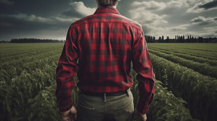 Wall Mural - Farmer with a red and black checkered shirt. healthy food photography. close-up. product photo for restaurant. generative ai