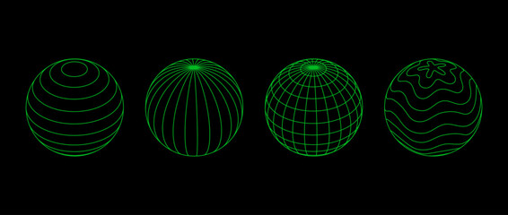 Aufkleber - Neon green wireframe spheres collection. 3d outline globes with different grid patterns. Geometric circle elements for design template, icon, logo. Abstract balls with connected lattice lines. Vector