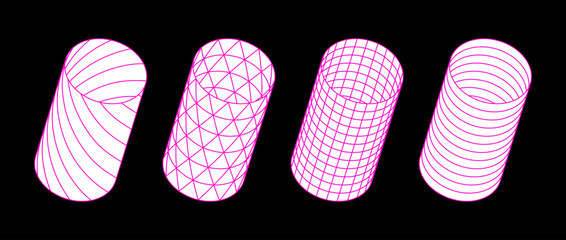 Poster - Collection of cylinder with different patterns. Striped and checkered 3d tubes set. White and pink geometric elements for design templates, icons, logo. Abstract vector tunnels pack