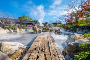 Poster - Beppu, Japan - Nov 25 2022: Oniishibozu Jigoku hot spring in Beppu, Oita. The town is famous for its onsen (hot springs). It has 8 major geothermal hot spots, referred to as the 