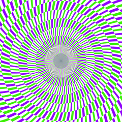 Wall Mural - Radial optical illusion background. Purple and green abstract lines surface in circles. Poster, banner, template design. Spinning spiral illusion wallpaper. Vector opt art illustration 