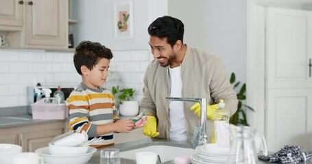 Sticker - Dad washing dishes, teaching kid and cleaning with soap, water and sponge in the kitchen, family home and boy learning to clean glass. Father, son helping and together to work on housekeeping chores