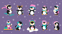 Funny Xmas Penguins, Christmas Holidays Penguin Wear Hats And Scarves. Cute Winter Animals, Happy Funny Children Nowaday Vector Characters
