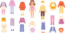 Kid Paper Doll With Dress. Cut Baby Girl, Cartoon Clothes. Dress-up Little Baby, Summer And Winter Children Outfits. Childish Snugly Game Vector Clipart