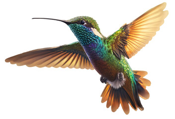 beautiful hummingbird in flight on white background . ai generated illustration.