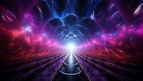 Fototapeta Fototapety przestrzenne i panoramiczne - 3d render, ultraviolet neon star shape portal, glowing lines, tunnel, virtual reality, abstract fashion background, violet neon lights, arch, pink blue spectrum vibrant colors, laser show