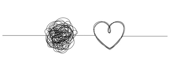 Wall Mural - Chaotically tangled line and tangled heart. Psychotherapy for couple concept of solving problems is easy. Unravels chaos and mess difficult situation. Editable stroke. Doodle vector illustration