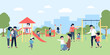 City park children playground with mother and father. Summer outdoor activity, kids play together and with parents. Kindergarten recreation recent vector scene
