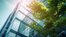 The Modern Office Building Has Green Trees In Front. AI Generative Image.