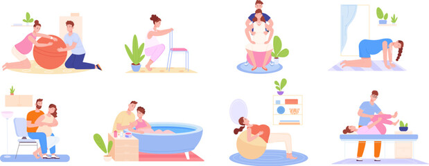 Birth positions. Position child delivery labor, home pregnancy preparation pregnant woman, childbirth water bath, gymnastic exercises preparing labour, splendid vector illustration