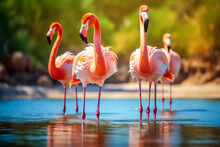 Graceful Flamingos Wading In Caribbean Waters  Tropical Wildlife Birds, Ai Generative