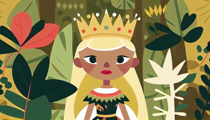 Wall Mural - Pretty cartoon princess character in the abstract flower forest with serene face. Fairytale kids baby or children book style character. Generative AI