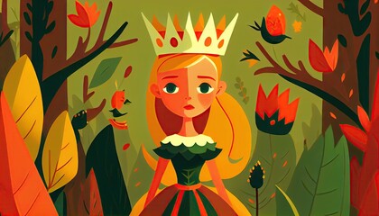 Wall Mural - Pretty cartoon princess character in the abstract flower forest with serene face. Fairytale kids baby or children book style character. Generative AI