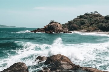 Poster - serene coastal landscape with calm waters and rocky cliffs. Generative AI