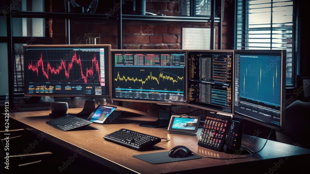 The Side View From A Computer Desk With Multiple Screens Displaying 