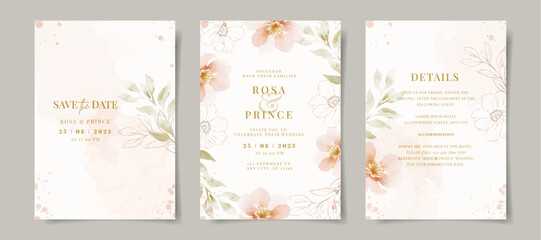 Wall Mural - Beautiful watercolor wedding invitation with floral and leaves