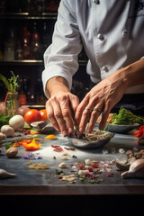 Wall Mural - Closeup chef hands preparing a fine dining dish with ingredients