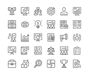 business consulting. vector line icons set. business expert, advisory, analysis, planning, financial