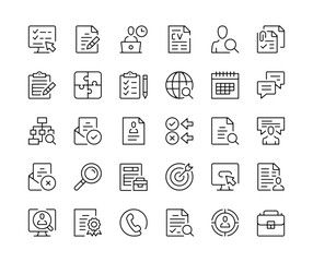 Poster - Job search. Vector line icons set. Resume, job interview, professional career, find job, employment concepts. Black outline stroke symbols