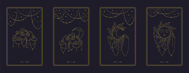 Wall Mural - Tarot aesthetic divination cards. Asrological tarot design for oracle card covers. Vector illustration isolated in dark background