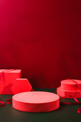 Aufkleber - Red pedestal product display and ribbon on red and dark green background with modern geometric block,christmas background