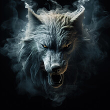 Image Of An Angry Wolf Face With Fire Smoke On Black Background. Wildlife Animals. Illustration, Generative AI.