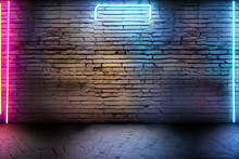 Modern Futuristic Neon Lights On Old Grunge Brick Wall Room Background Art, Background Wallpaper Stone, Wallpapers, Photos, Background, Landscape, Ai Generate 