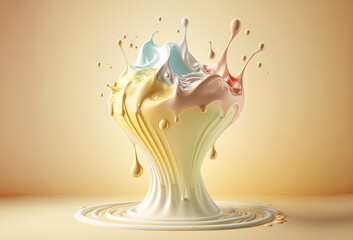 A splash of colored thick liquid, cream, milkshake, ice cream. Abstract pastel background. 3D rendering. AI generated.