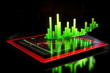 Poster - Tablet with financial rise and fall chart. Green and red 3D graphs of financial stock market, energy prices, business and technology development. Financial analysis, results and forecasts. Template.