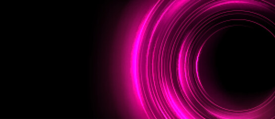 Wall Mural - Pink planet ring neon light effect with circle line sparkle. Digital energy twirl with magic flare expansion. Space curve orbit vector illustration. Abstract galaxy element circular disk shape frame