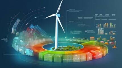 Graphic image of a windmill against the background of a diagram of energy production and use. Sustainable wind energy process. Virtual data technology. Green energy production. Mockup, illustration.