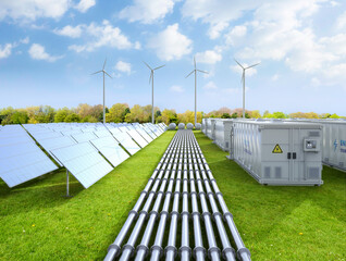 amount of energy storage systems or battery container units with solar and turbine farm