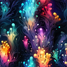 Bright Neon Colored Bacterial Mushroom Glowing In Dark Repeating Pattern On Black Background Created With Generative AI Technology
