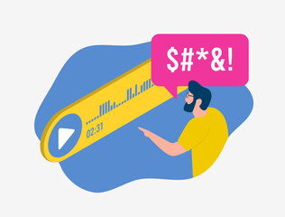 Poster - Voice messages - conversational gain or pain concept. Anger after receiving voice message instead of text message. Man character is not satisfied with incoming audio message, receiving bad news