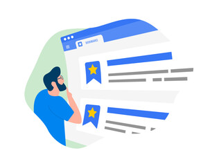 Fototapete - Bookmark favorite websites concept. Add to favorites and save popular webpage in web browser. Male character selects saved in favorite website from the list. Illustration isolated on white background