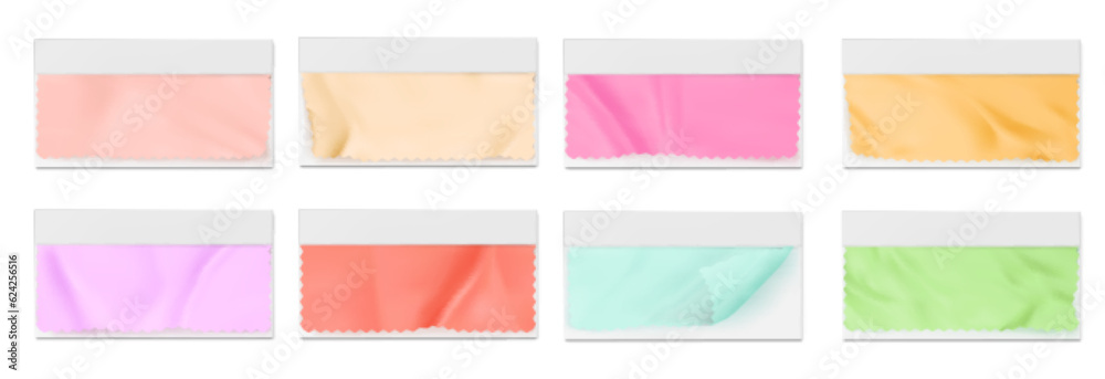 Realistic fabric swatch and color sample vector mockup. Textile texture material with pantone piece template for presentation on 3d card. Isolated fiber printout illustration for moodboard collection