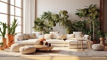 Cozy Elegant Boho Style Living Room Interior In Natural Colors. Comfortable Couch With Cushions And Plaid, Ottomans, Many Houseplants, Wooden Coffee Table, Vintage Rug, Home Decor. 3D Rendering.
