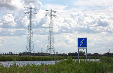 Warning sigh at a dutch canal, warning for electricity pylons