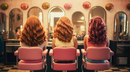 Wall Mural - Teens Transforming with Iconic Hairstyles in a Vintage Hair Salon