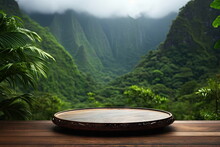 Wooden Plate On The Table With Rain Forest Background