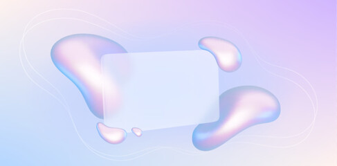 Poster - Abstract gradient background with glass card and liquid holographic shapes. Glass morphism concept with blank transparent banner and fluid shapes, vector 3d illustration