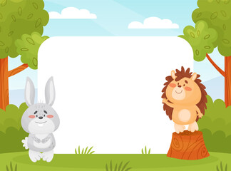 Wall Mural - Funny Hedgehog and Bunny Forest Animal at Empty Card Vector Template